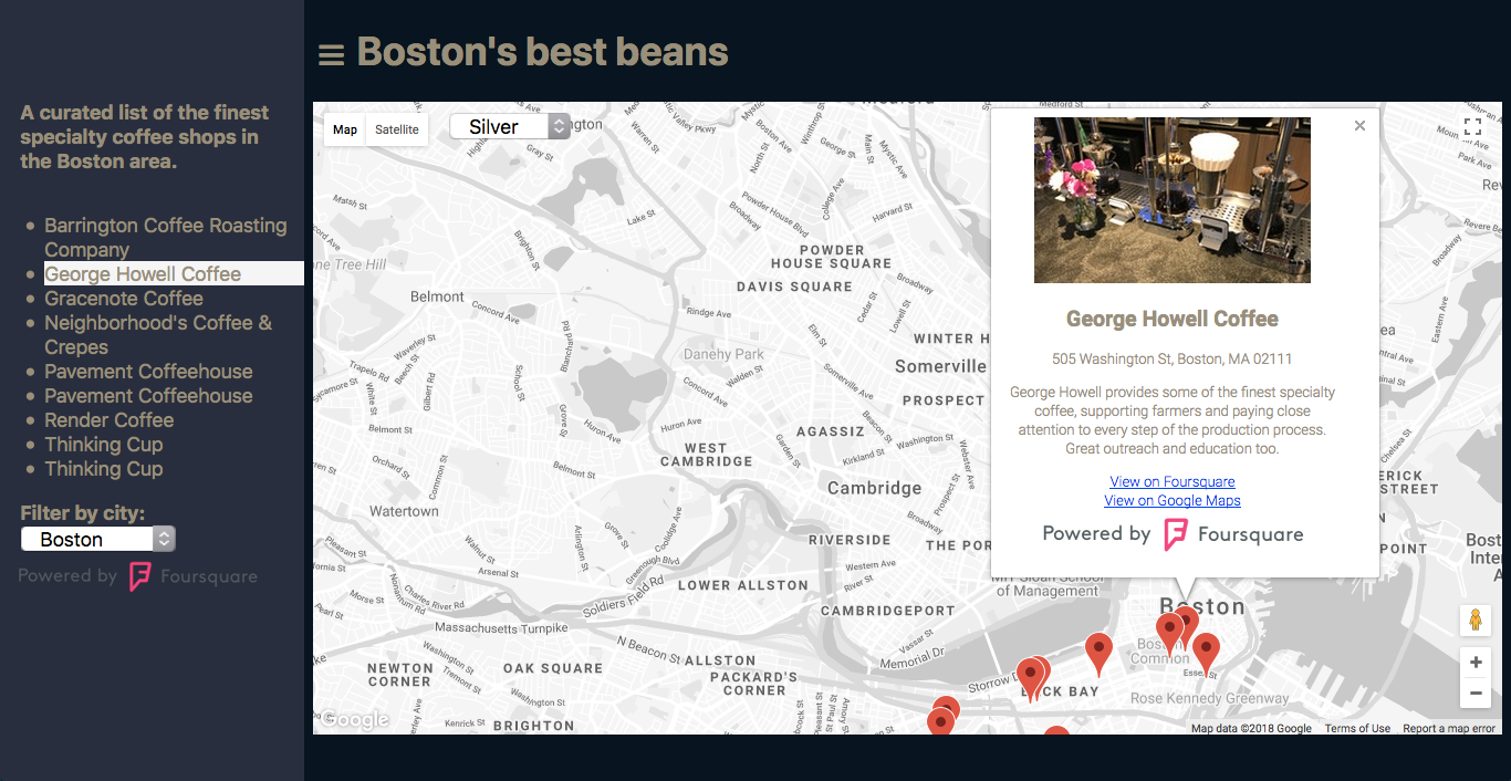 Udacity Boston's Best Beans map app screenshot